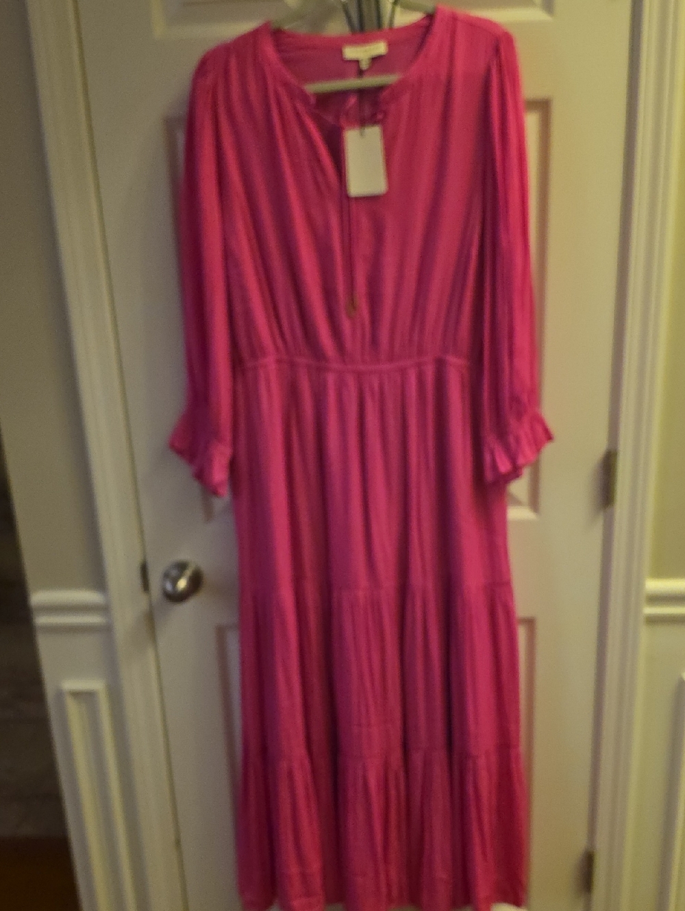 *NEW - Skies Are Blue Bright Pink 3/4 Sleeve Tiered Maxi Dress